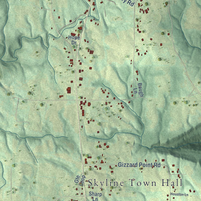 Close-up of the map of Skyline, Alabama print showing street and building detail