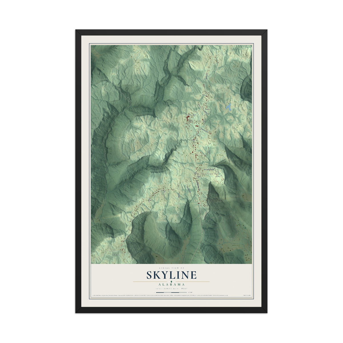Map of Skyline, Alabama, 12 x 18 inch print in a black wood frame