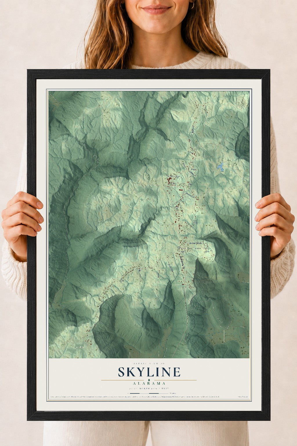 Map of Skyline, Alabama, 18 x 24 inch print in a black wood frame