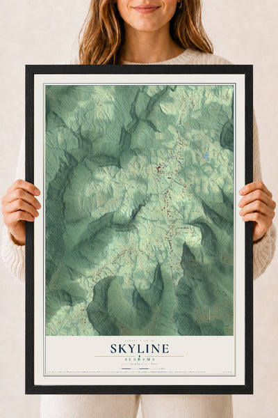 Map of Skyline, Alabama, 18 x 24 inch print in a black wood frame