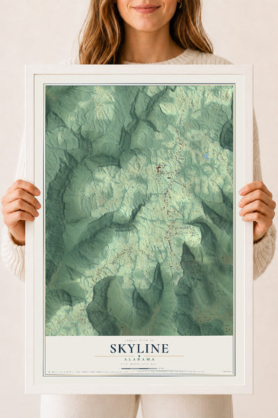 Map of Skyline, Alabama, 18 x 24 inch print in a white wood frame