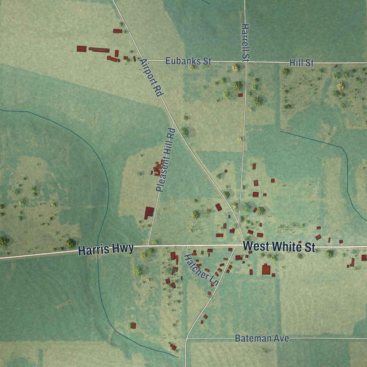 Second close-up of the map of Slocomb, Alabama print showing more streets and buildings