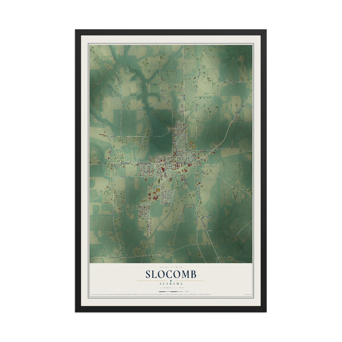 Map of Slocomb, Alabama, 12 x 18 inch print in a black wood frame