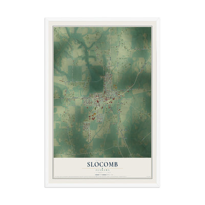 Map of Slocomb, Alabama, 12 x 18 inch print in a white wood frame
