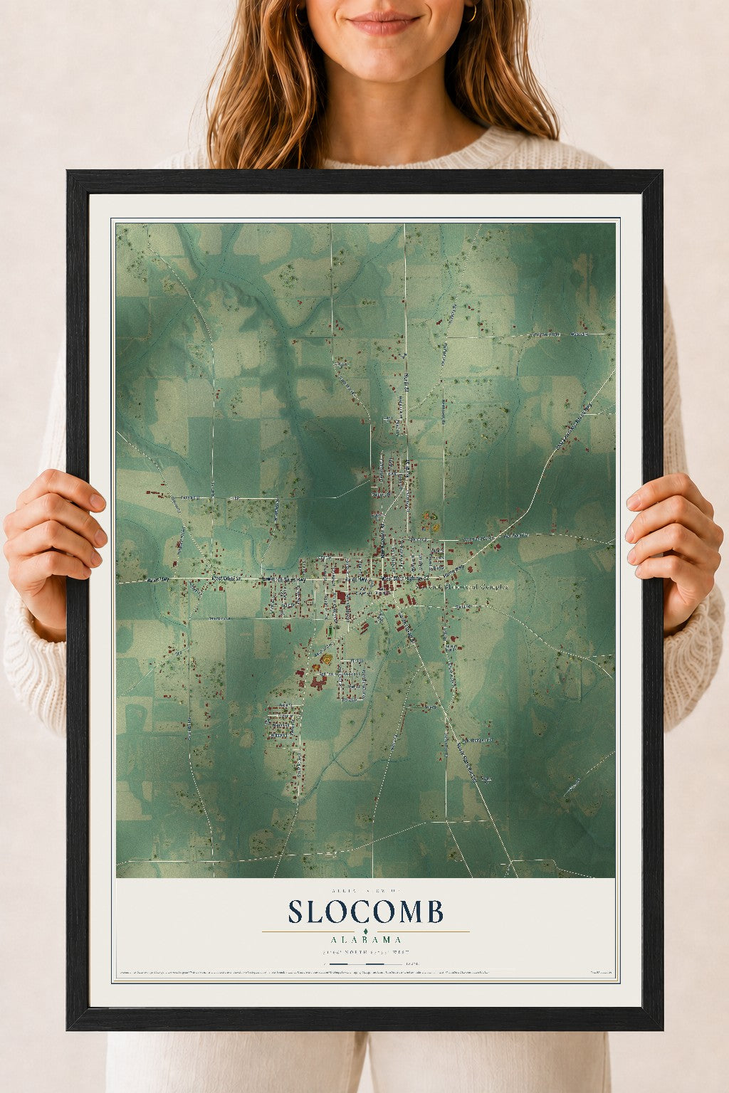 Map of Slocomb, Alabama, 18 x 24 inch print in a black wood frame