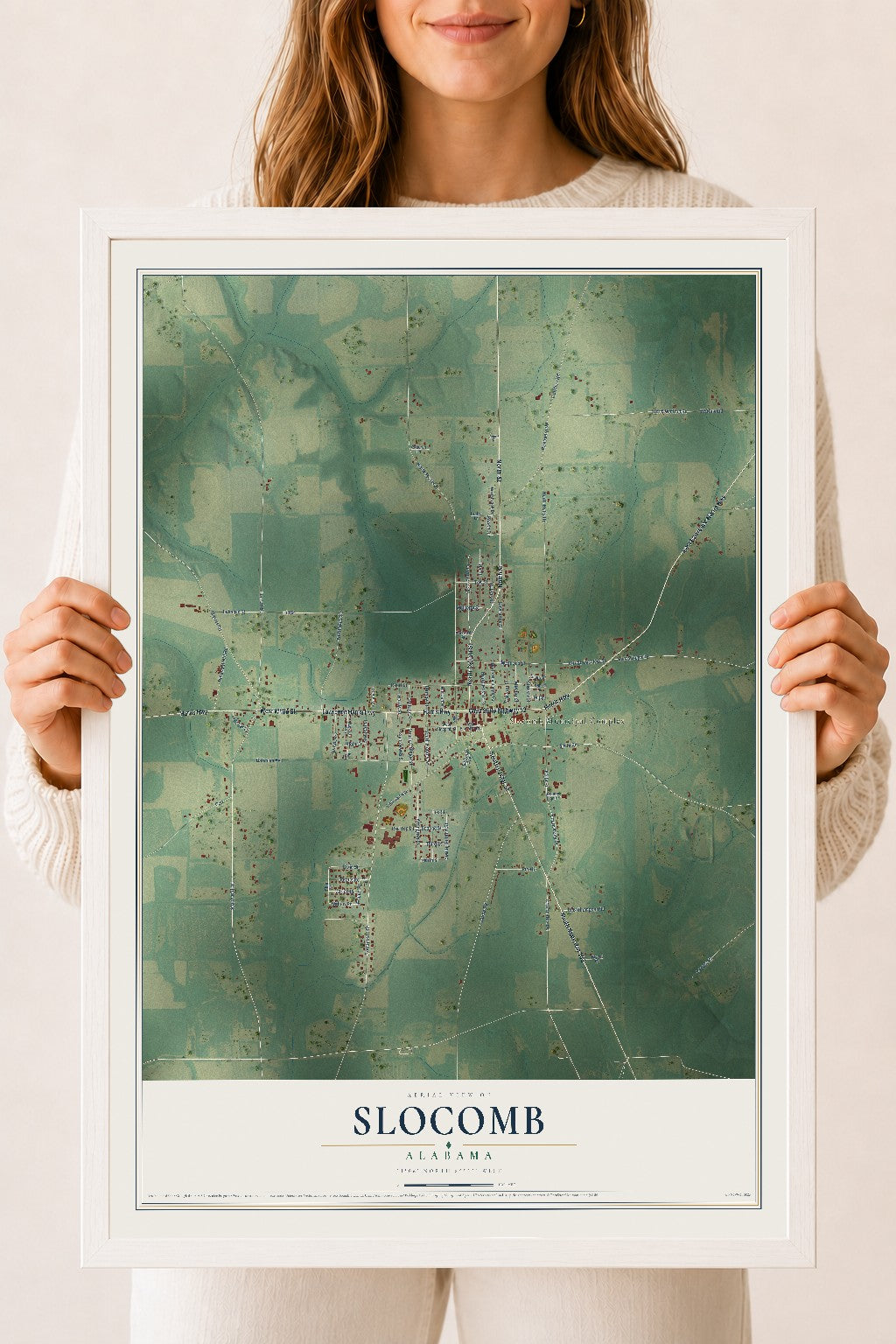 Map of Slocomb, Alabama, 18 x 24 inch print in a white wood frame