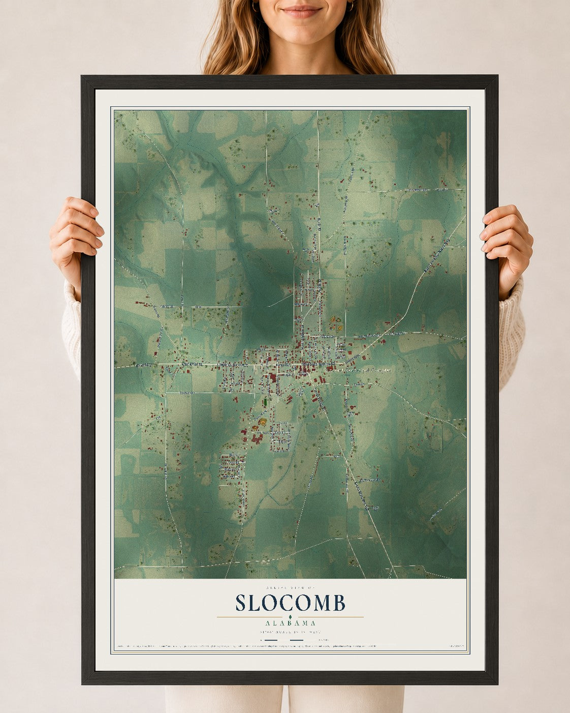Map of Slocomb, Alabama, 24 x 36 inch print in a black wood frame