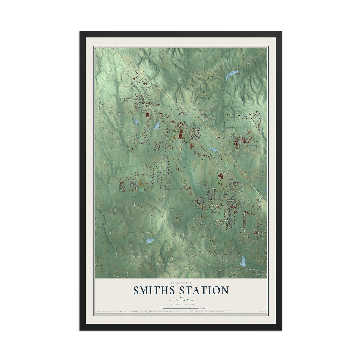 Map of Smiths Station, Alabama, 12 x 18 inch print in a black wood frame
