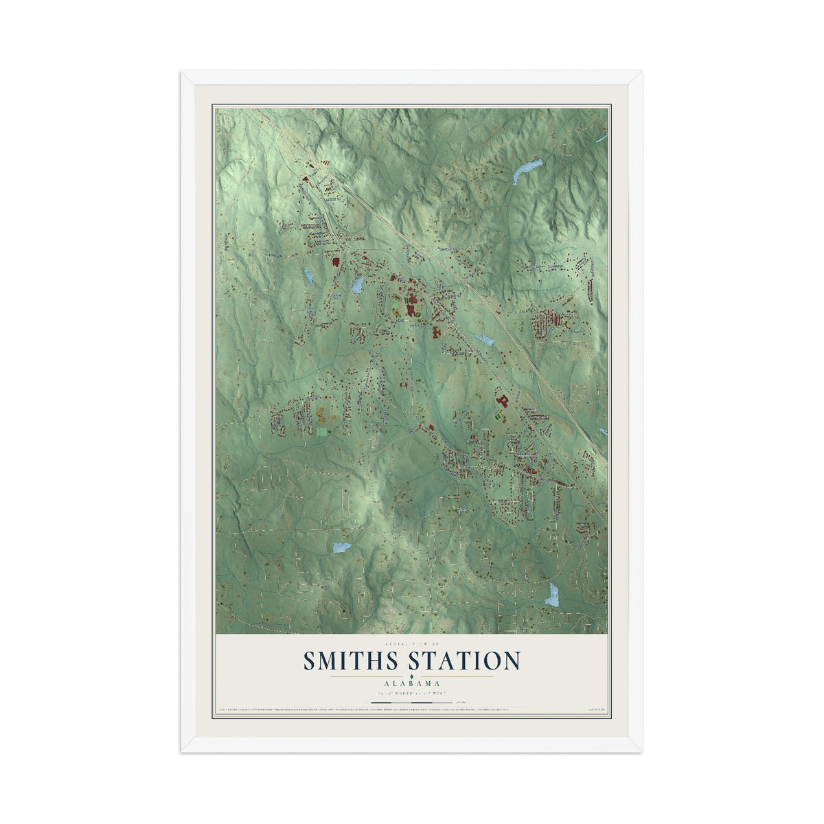 Map of Smiths Station, Alabama, 12 x 18 inch print in a white wood frame