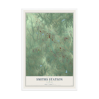 Map of Smiths Station, Alabama, 12 x 18 inch print in a white wood frame