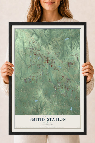 Map of Smiths Station, Alabama, 18 x 24 inch print in a black wood frame