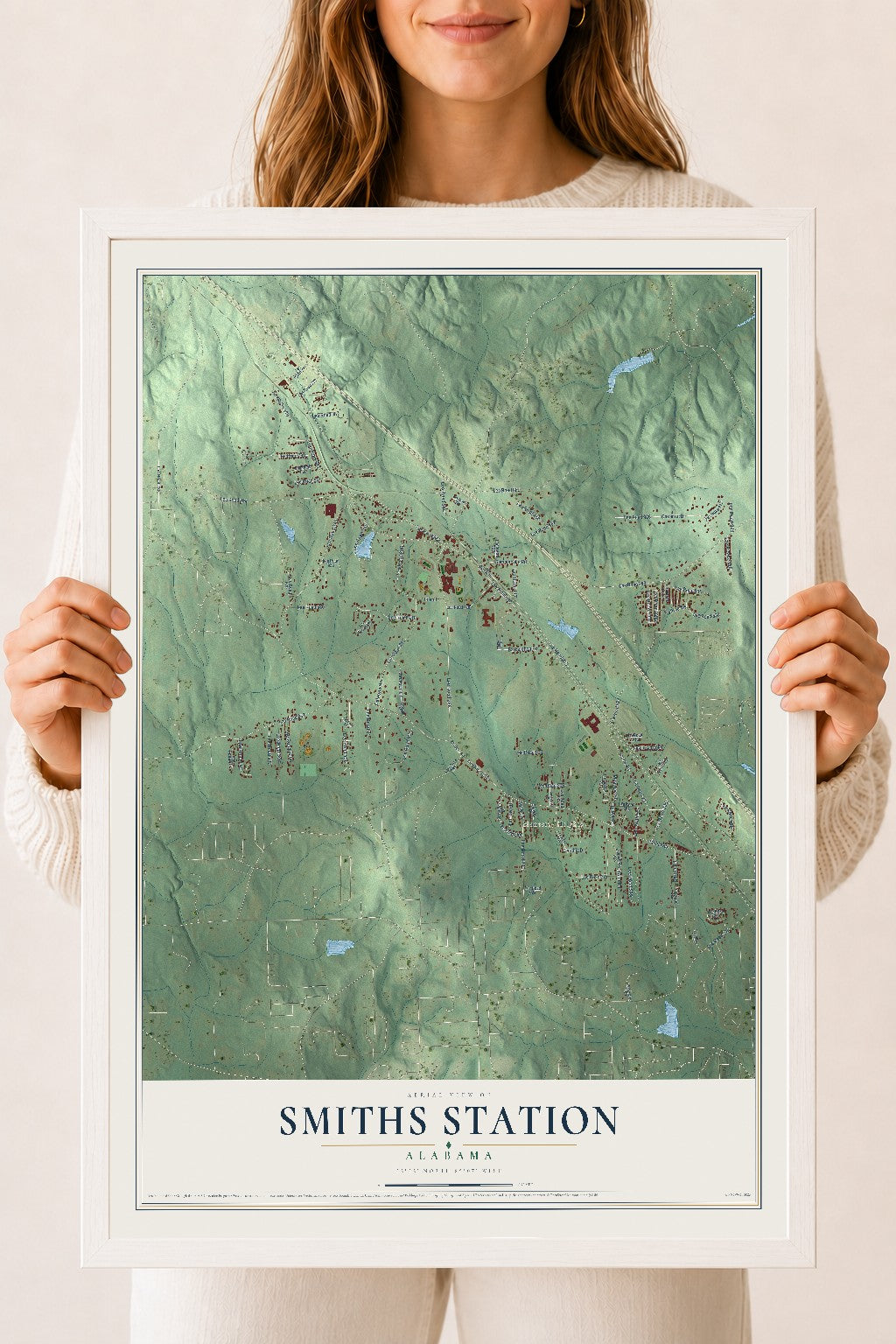 Map of Smiths Station, Alabama, 18 x 24 inch print in a white wood frame