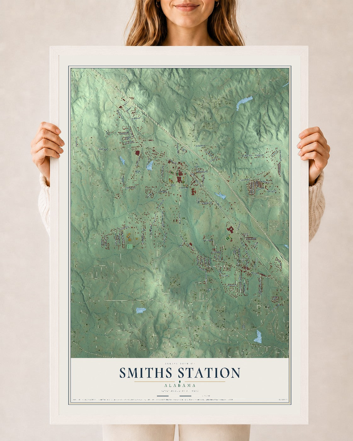 Map of Smiths Station, Alabama, 24 x 36 inch print in a white wood frame