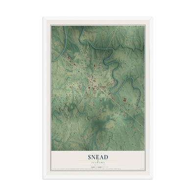 Map of Snead, Alabama, 12 x 18 inch print in a white wood frame