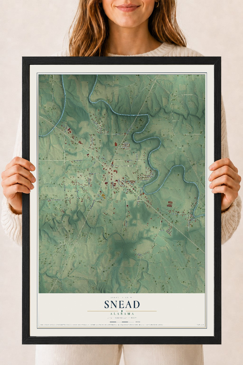Map of Snead, Alabama, 18 x 24 inch print in a black wood frame