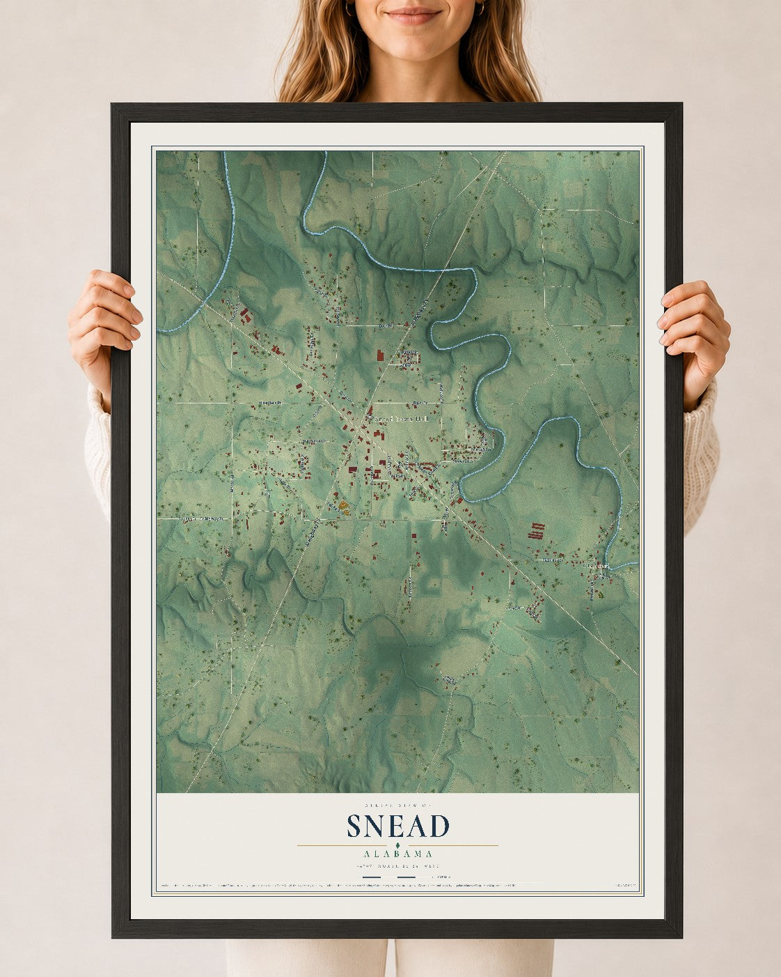 Map of Snead, Alabama, 24 x 36 inch print in a black wood frame