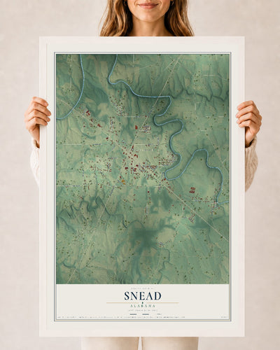 Map of Snead, Alabama, 24 x 36 inch print in a white wood frame