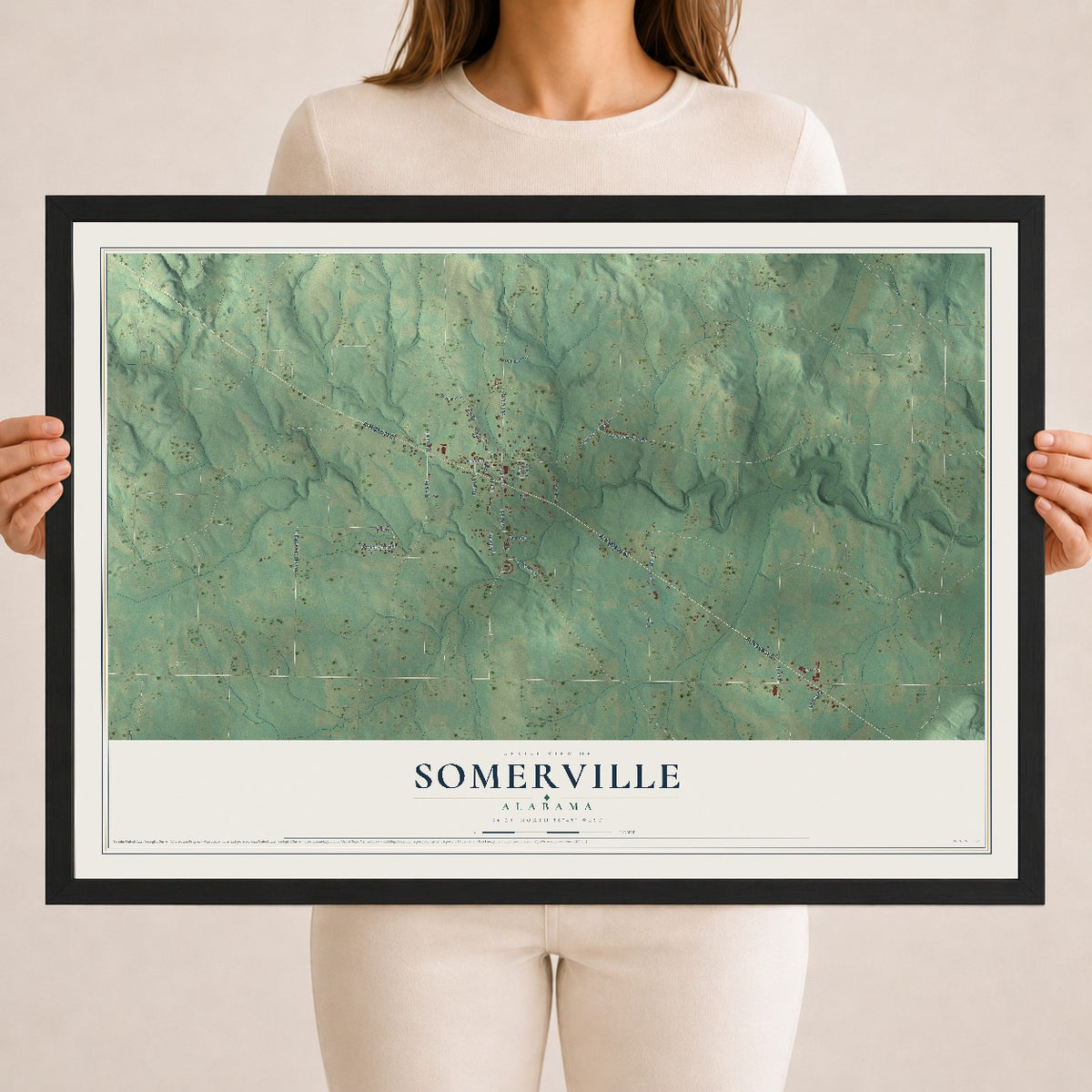 Map of Somerville, Alabama, 18 x 24 inch print in a black wood frame