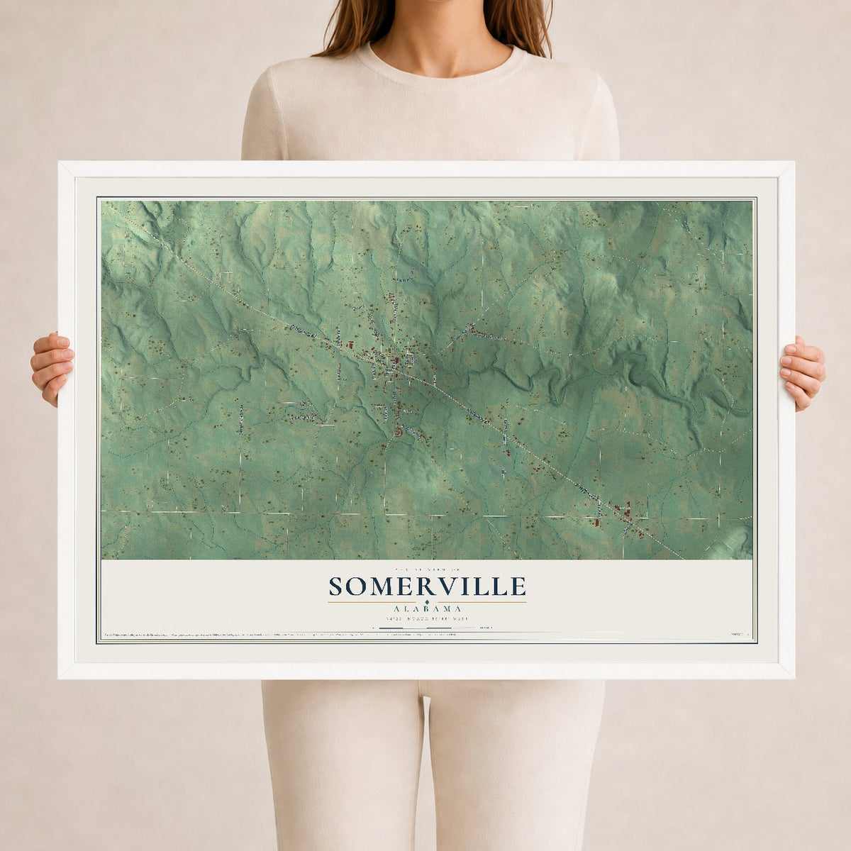 Map of Somerville, Alabama, 24 x 36 inch print in a white wood frame