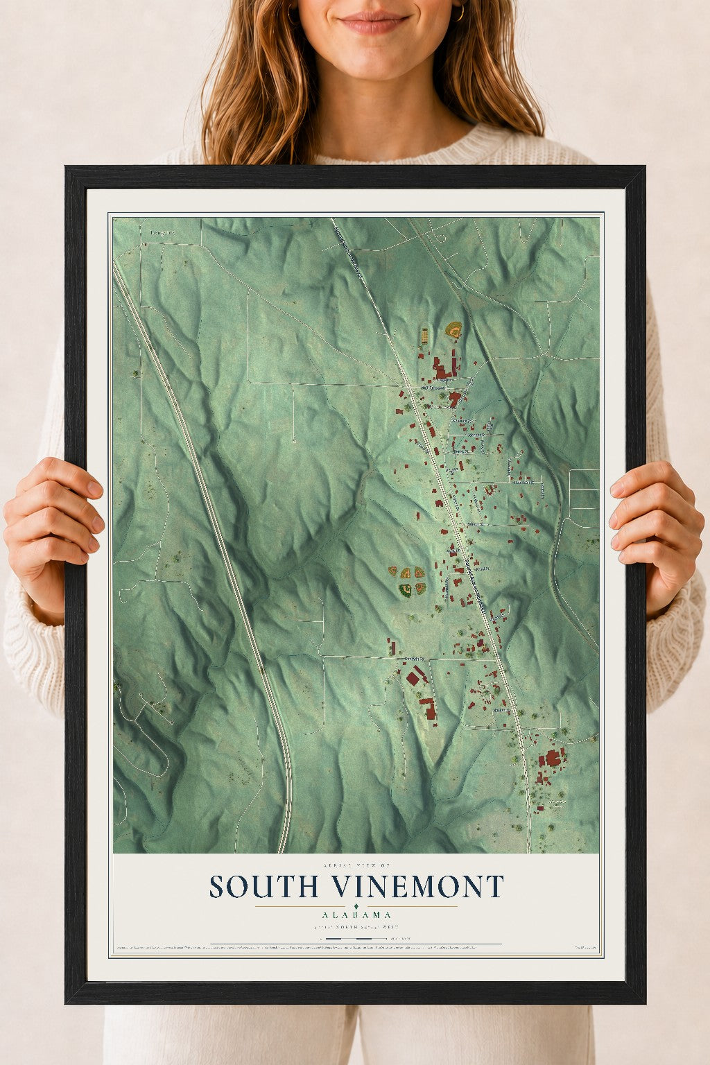 Map of South Vinemont, Alabama, 18 x 24 inch print in a black wood frame