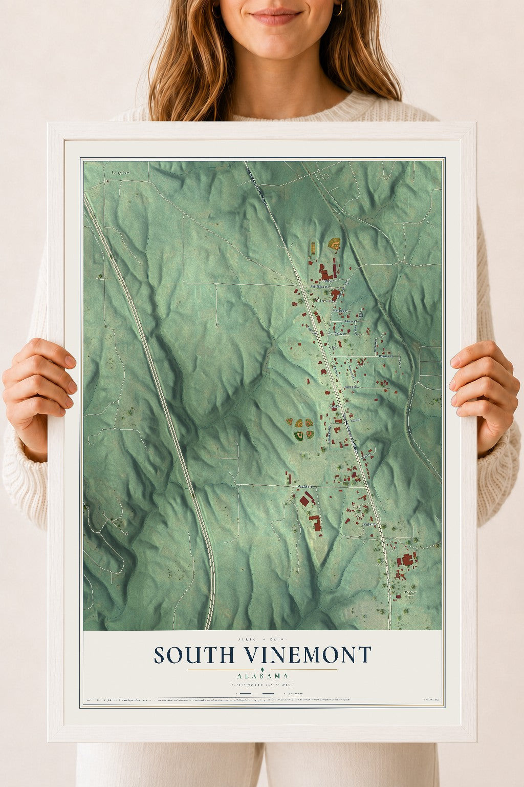 Map of South Vinemont, Alabama, 18 x 24 inch print in a white wood frame