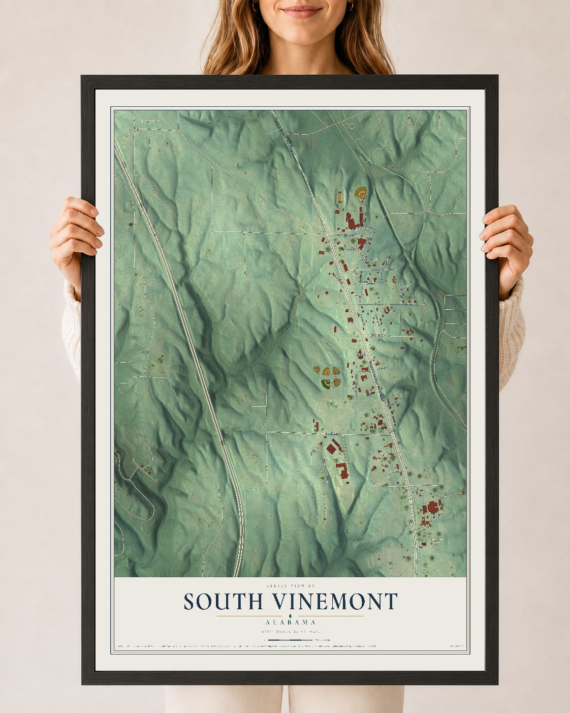 Map of South Vinemont, Alabama, 24 x 36 inch print in a black wood frame