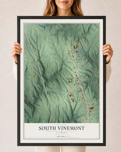 Map of South Vinemont, Alabama, 24 x 36 inch print in a black wood frame