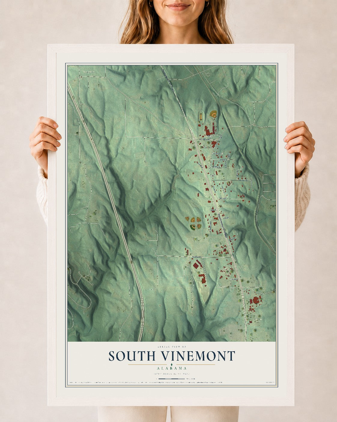 Map of South Vinemont, Alabama, 24 x 36 inch print in a white wood frame
