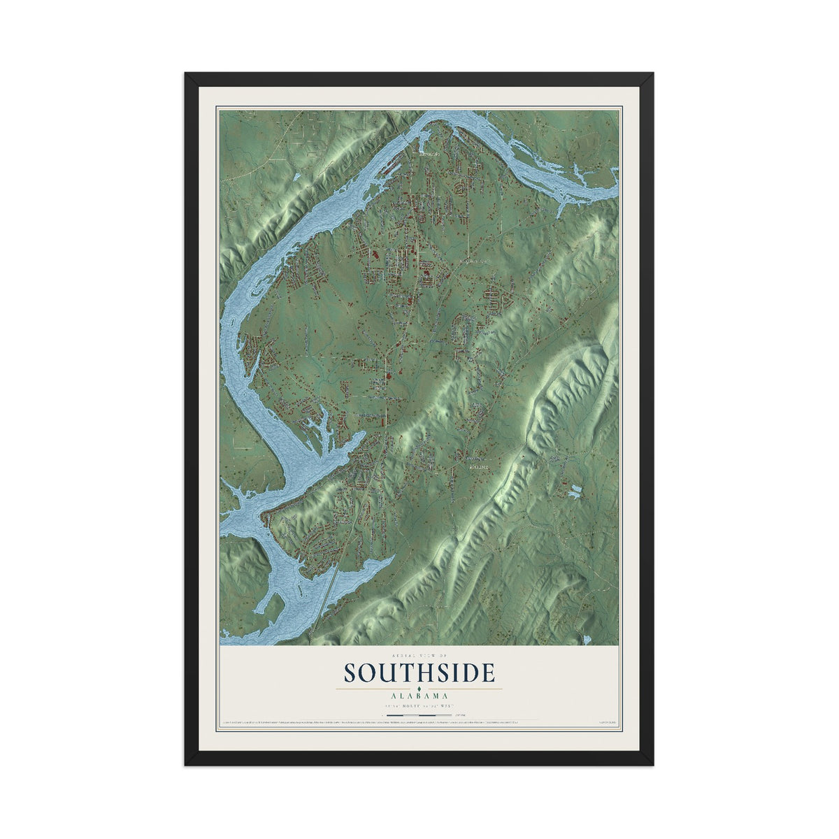 Map of Southside, Alabama, 12 x 18 inch print in a black wood frame