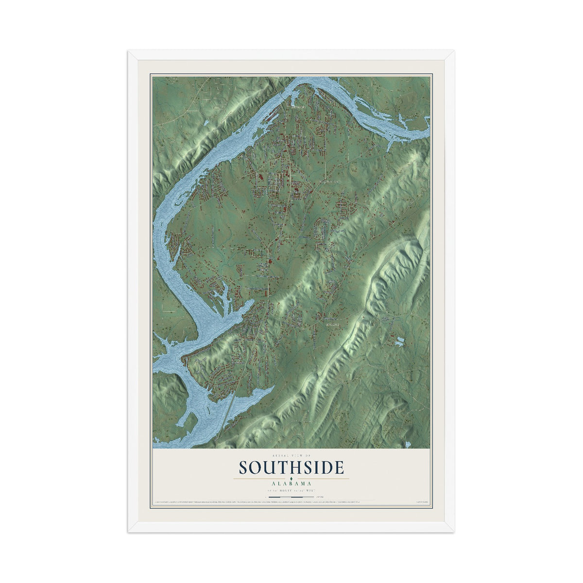 Map of Southside, Alabama, 12 x 18 inch print in a white wood frame