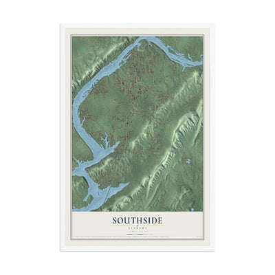 Map of Southside, Alabama, 12 x 18 inch print in a white wood frame