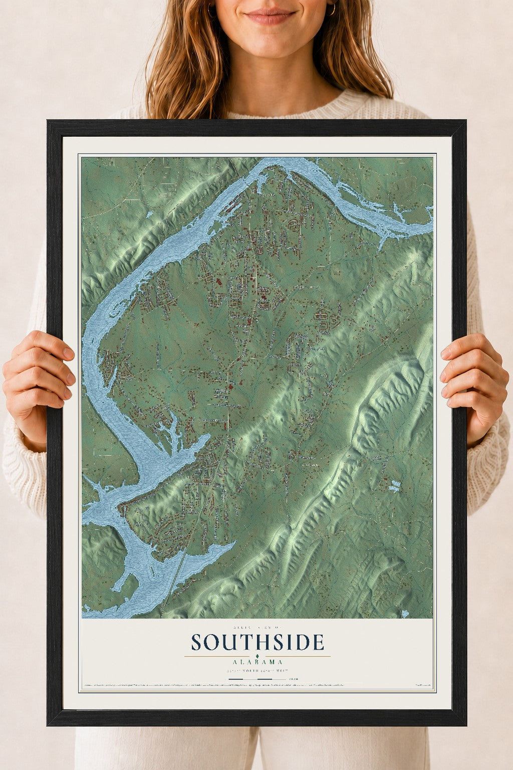 Map of Southside, Alabama, 18 x 24 inch print in a black wood frame