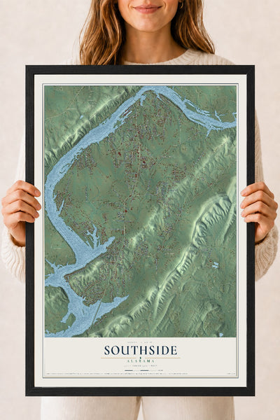Map of Southside, Alabama, 18 x 24 inch print in a black wood frame