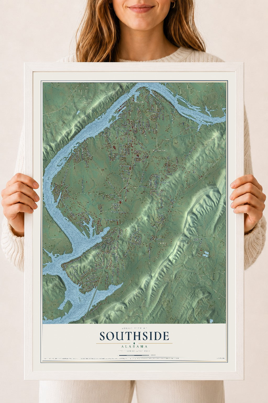 Map of Southside, Alabama, 18 x 24 inch print in a white wood frame