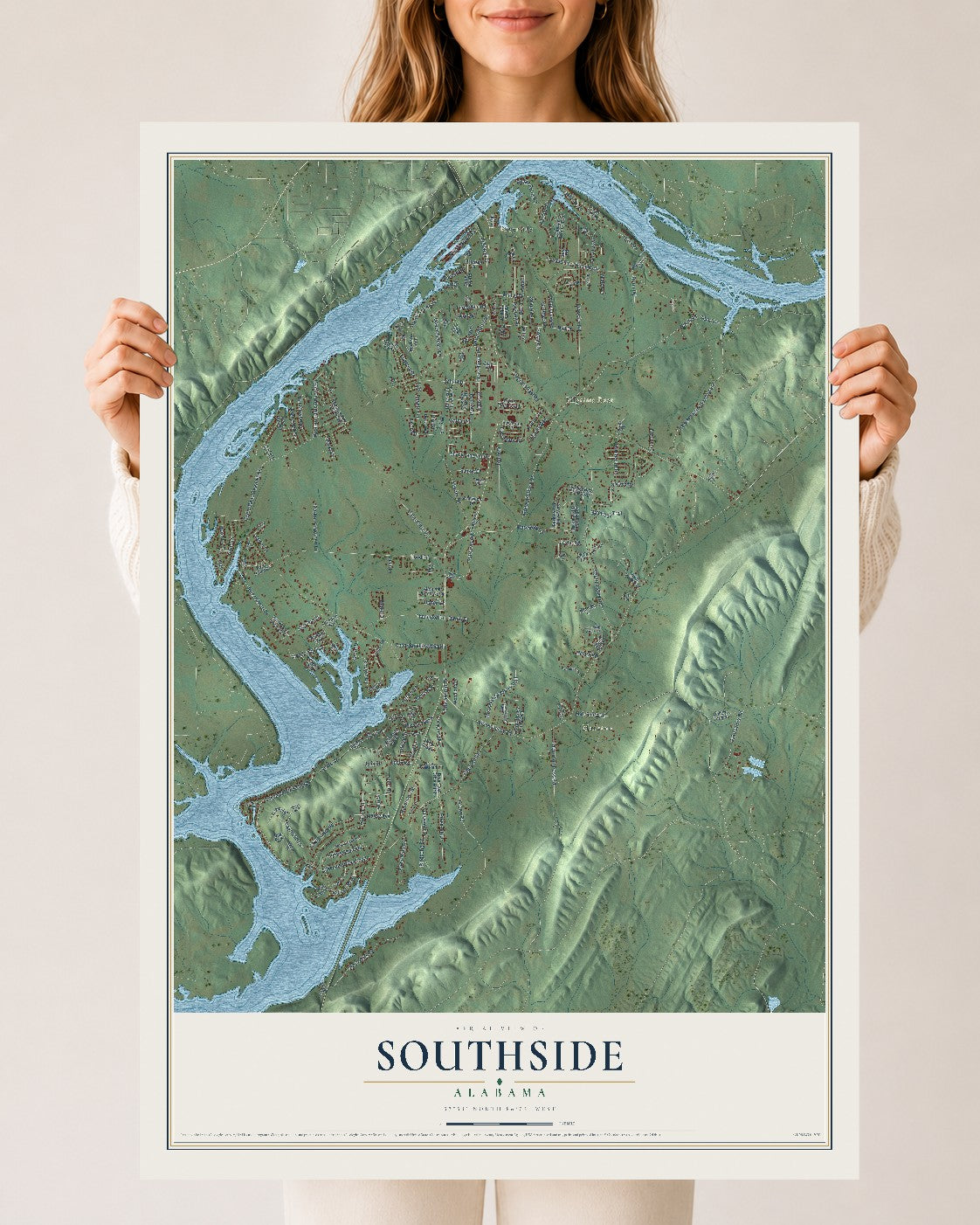 Map of Southside, Alabama, 24 x 36 inch unframed archival matte print