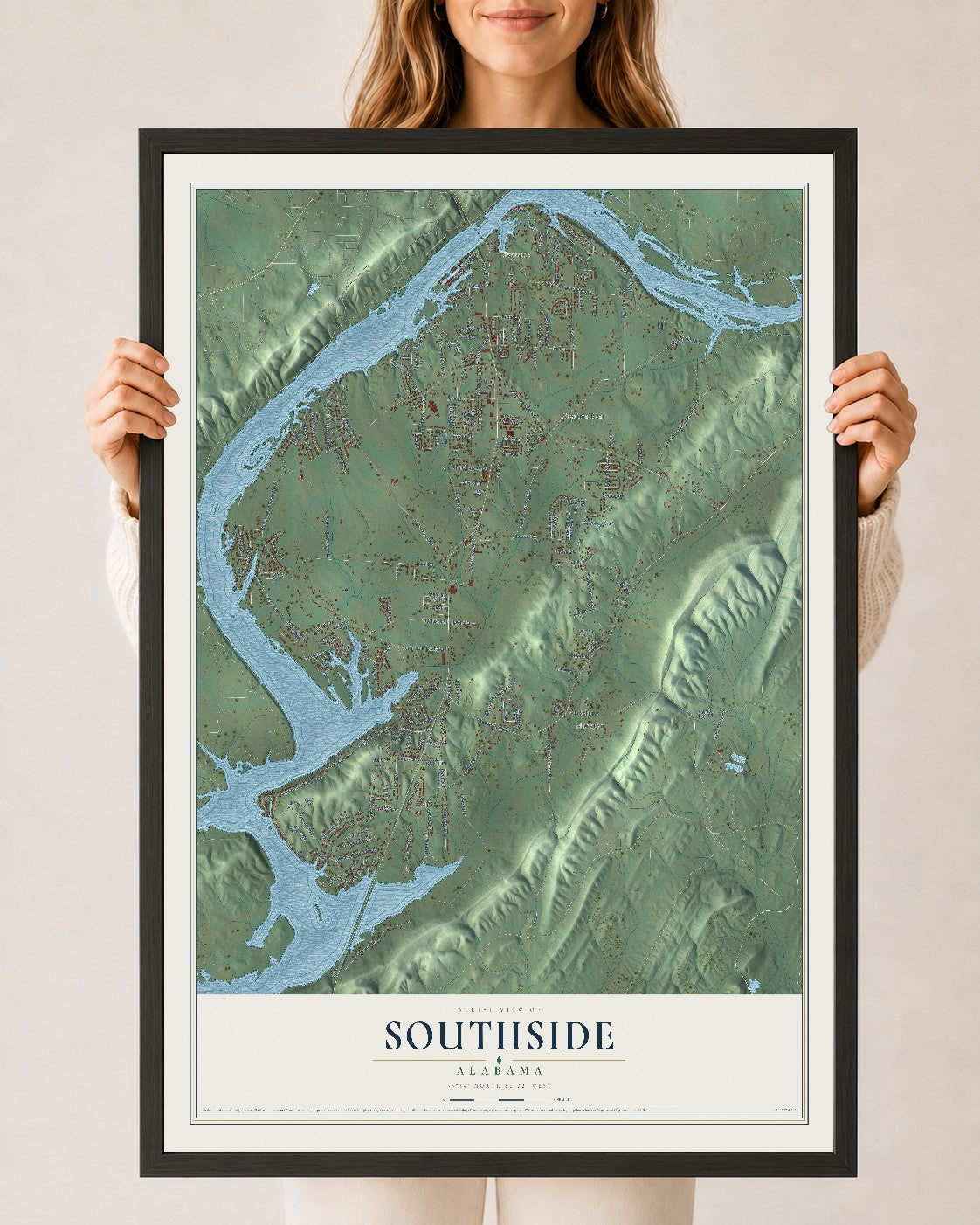 Map of Southside, Alabama, 24 x 36 inch print in a black wood frame
