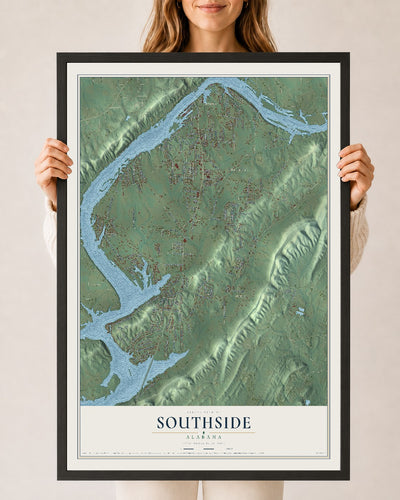Map of Southside, Alabama, 24 x 36 inch print in a black wood frame