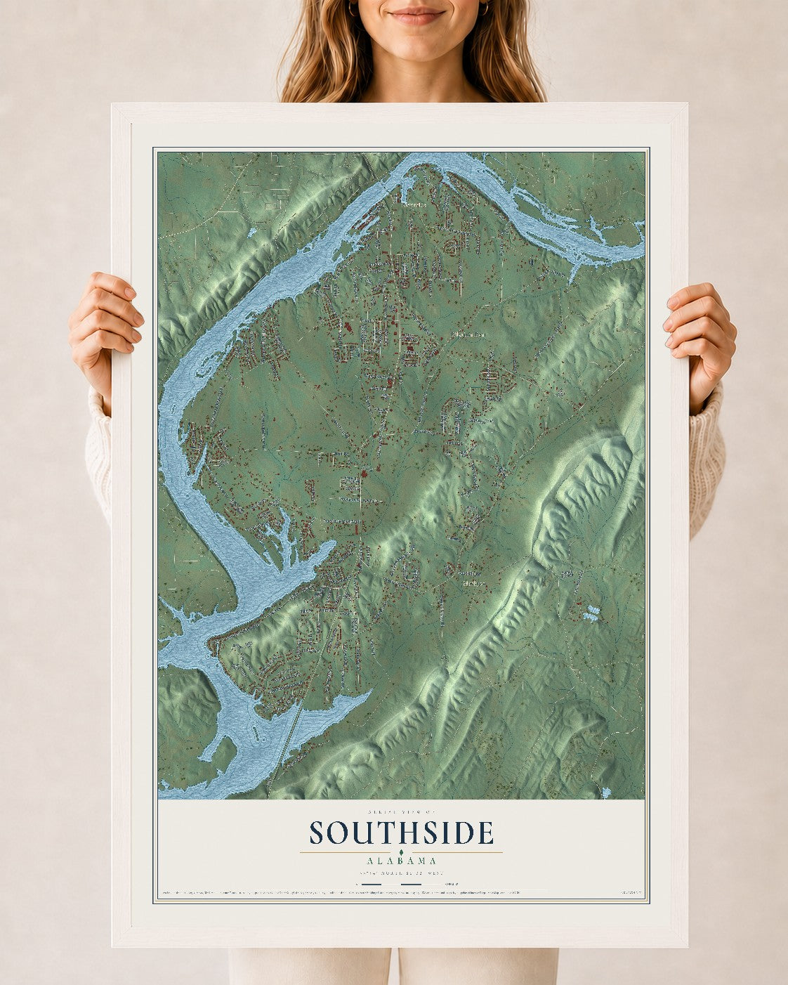 Map of Southside, Alabama, 24 x 36 inch print in a white wood frame