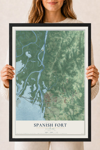 Map of Spanish Fort, Alabama, 18 x 24 inch print in a black wood frame