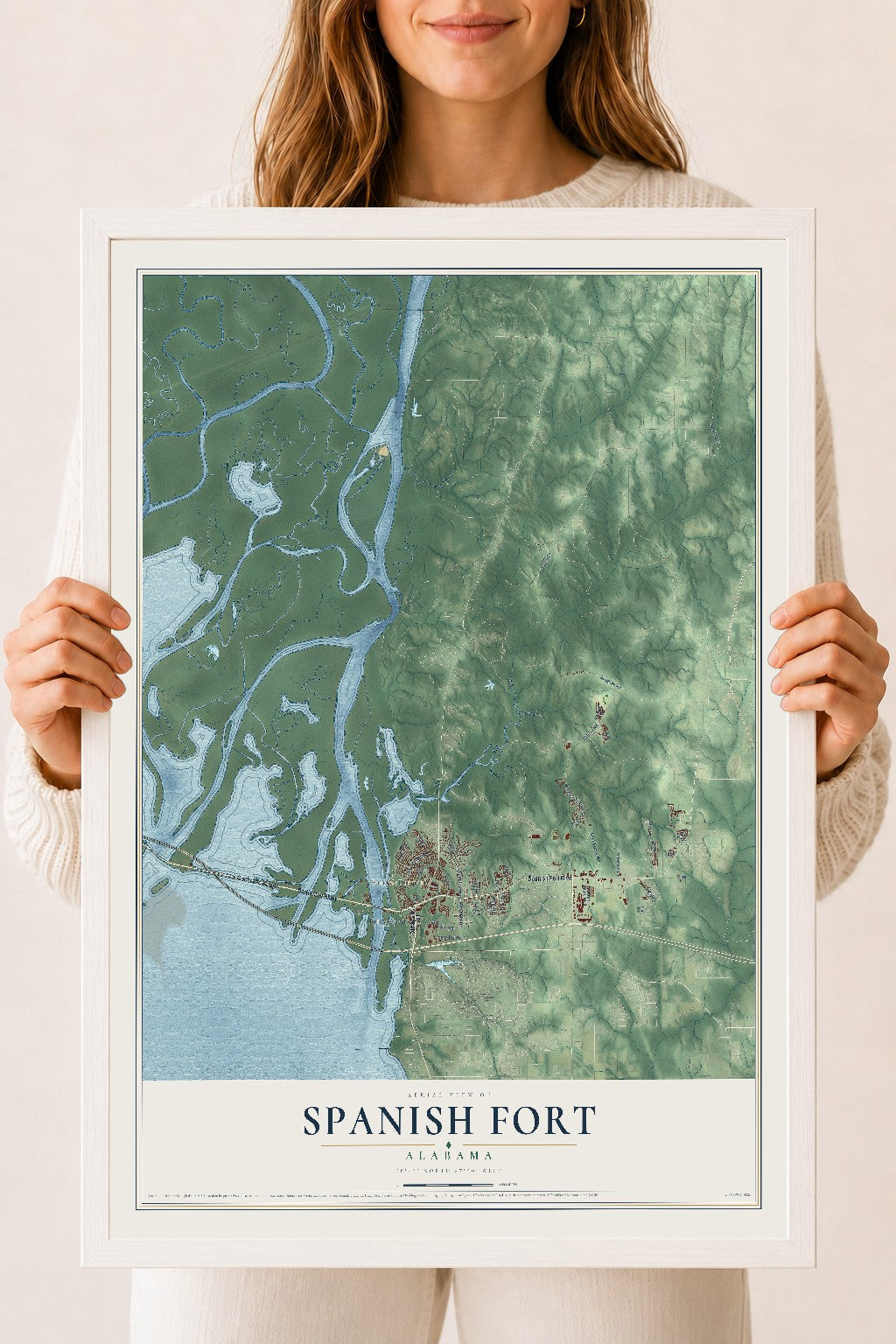 Map of Spanish Fort, Alabama, 18 x 24 inch print in a white wood frame