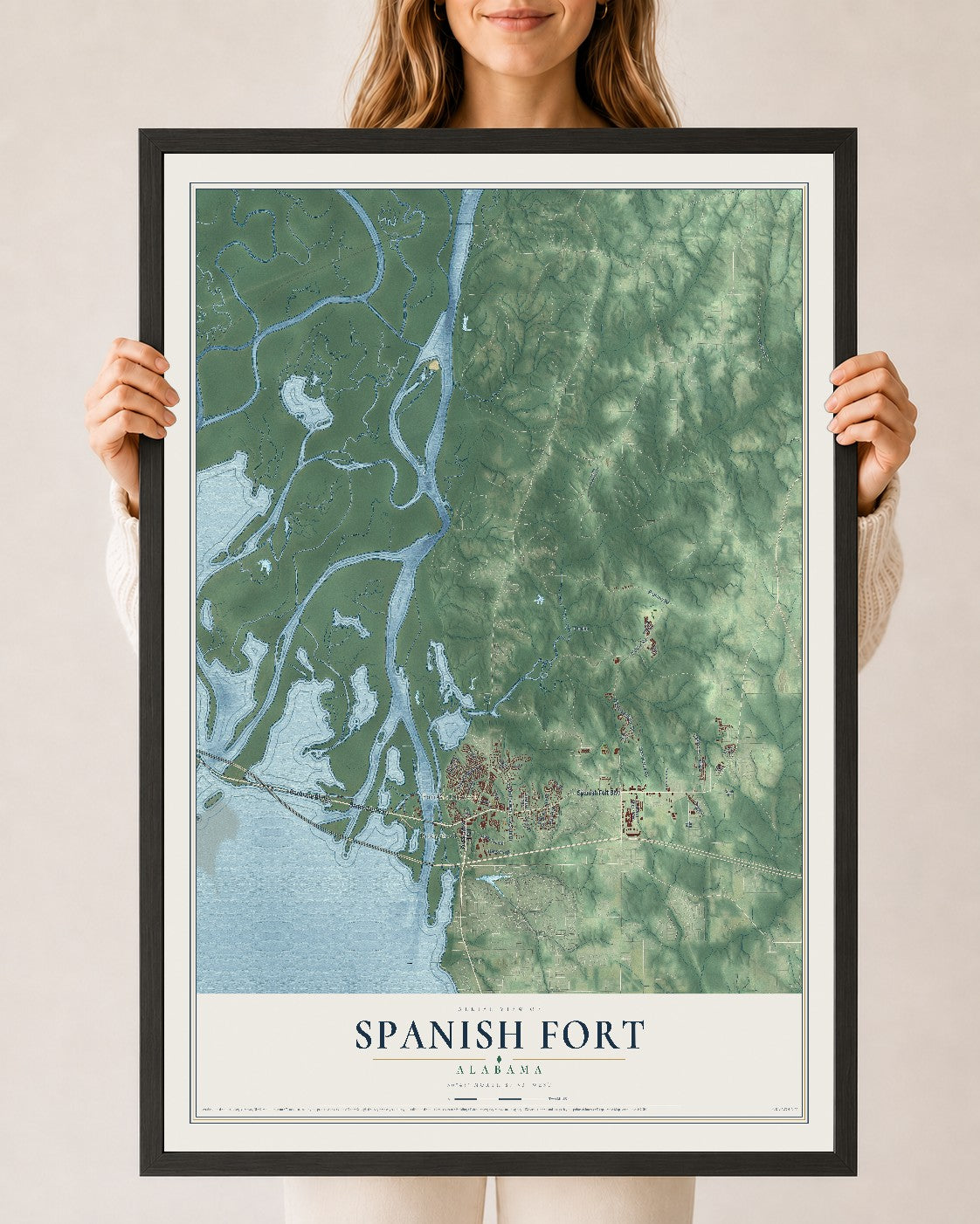 Map of Spanish Fort, Alabama, 24 x 36 inch print in a black wood frame