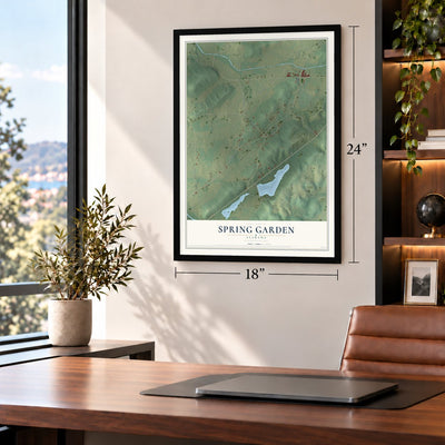 Spring Garden, Alabama map, 18 x 24 inch print in a black frame in a home office