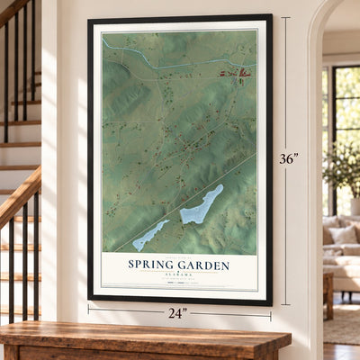 Spring Garden, Alabama map, 24 x 36 inch print in a black frame by a staircase