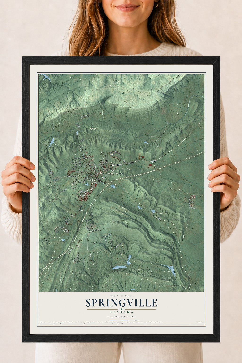 Map of Springville, Alabama, 18 x 24 inch print in a black wood frame