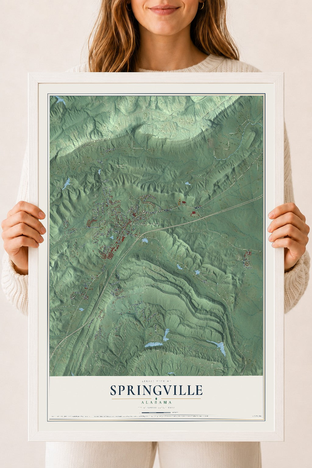 Map of Springville, Alabama, 18 x 24 inch print in a white wood frame
