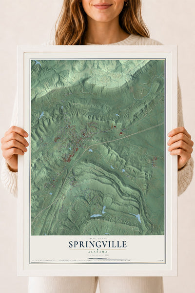 Map of Springville, Alabama, 18 x 24 inch print in a white wood frame