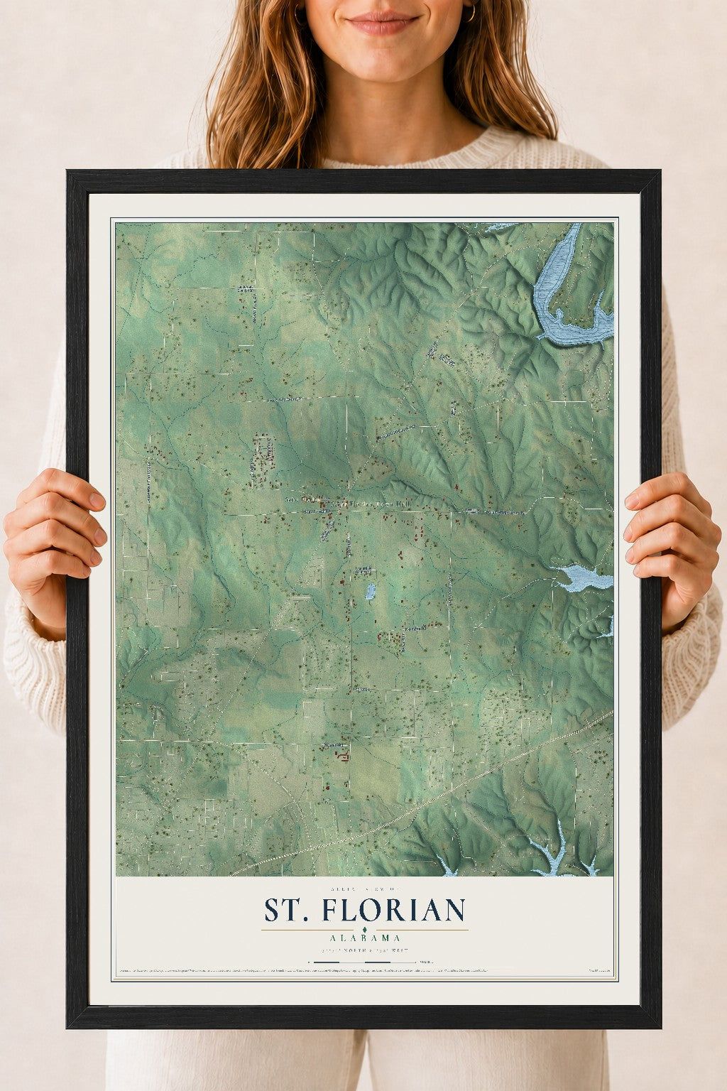 Map of St. Florian, Alabama, 18 x 24 inch print in a black wood frame