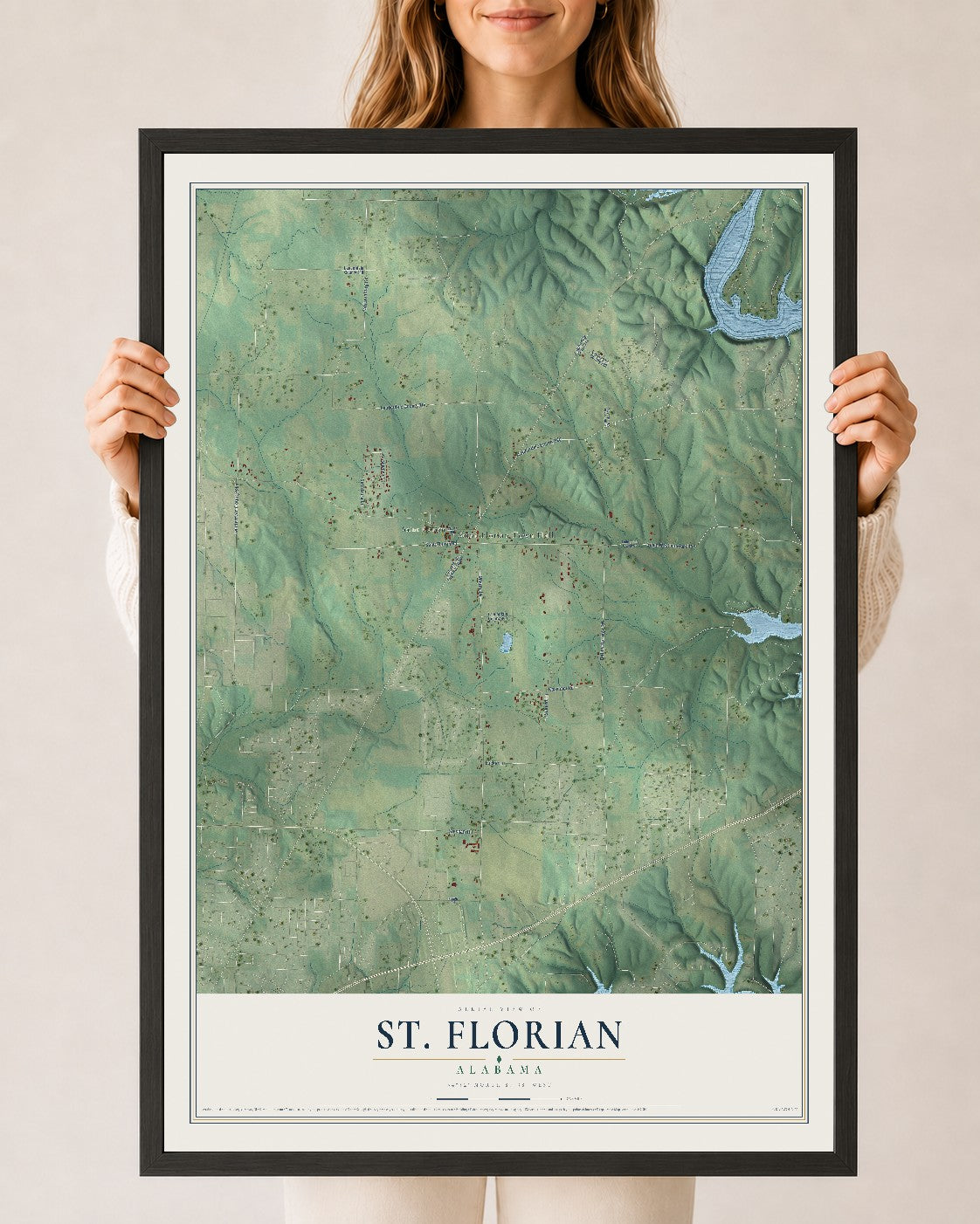 Map of St. Florian, Alabama, 24 x 36 inch print in a black wood frame