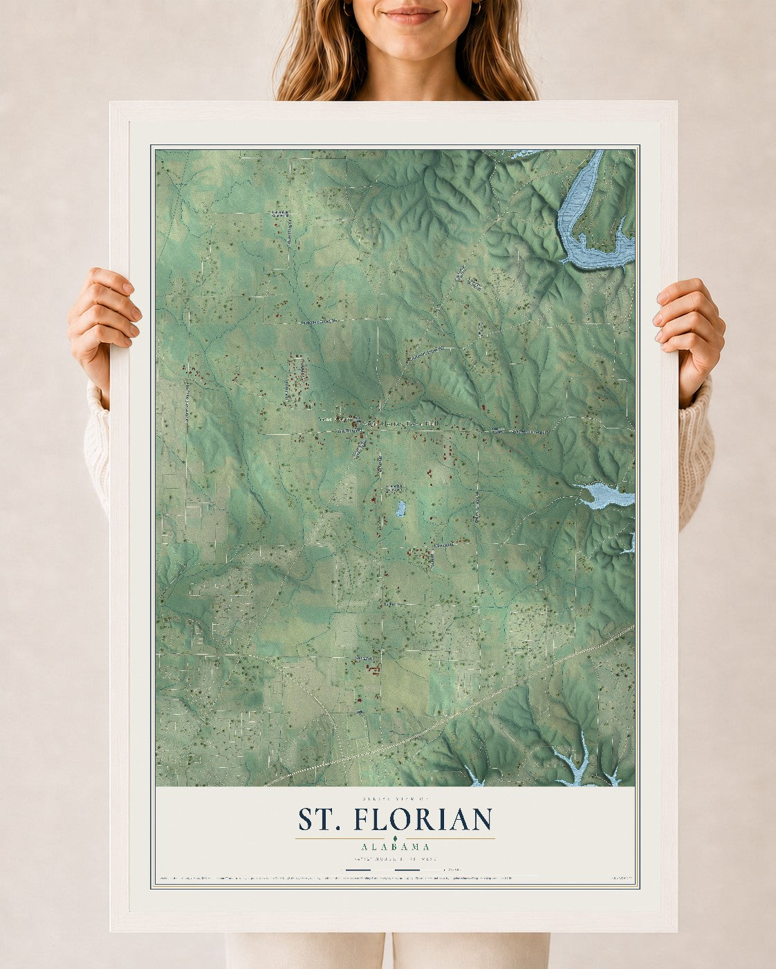Map of St. Florian, Alabama, 24 x 36 inch print in a white wood frame