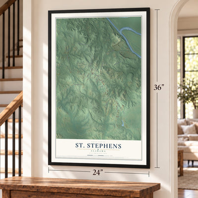 St. Stephens, Alabama map, 24 x 36 inch print in a black frame by a staircase